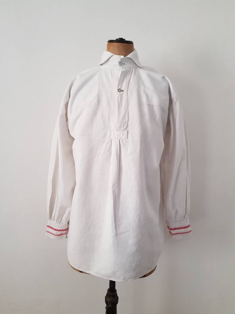 1930s Eastern European white linen folk shirt red Embroidered cuffs