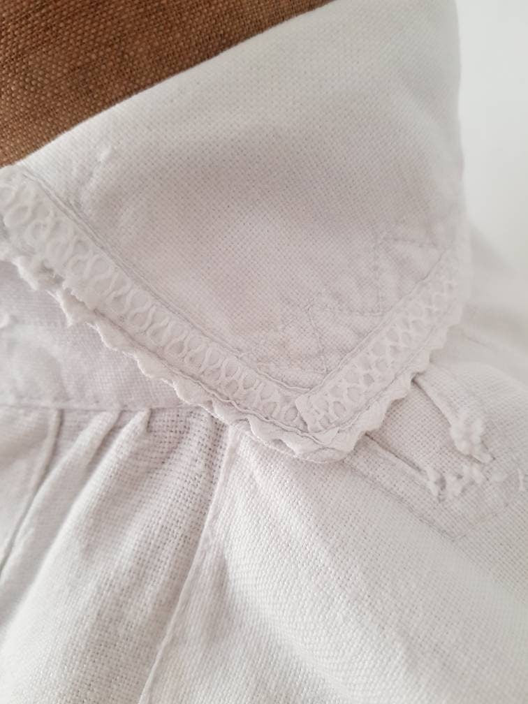 1930s Eastern European white linen folk shirt red Embroidered cuffs