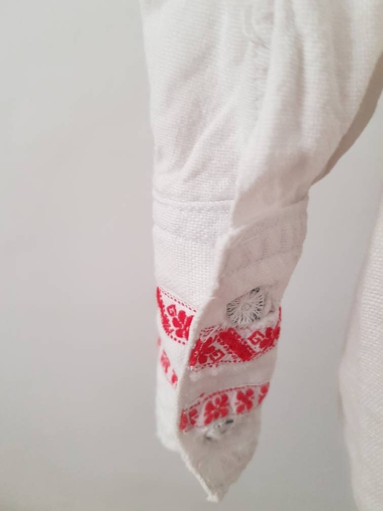 1930s Eastern European white linen folk shirt red Embroidered cuffs