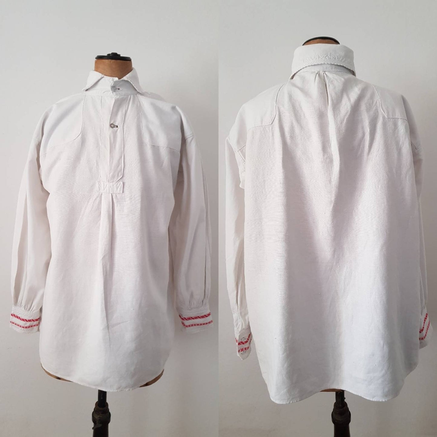 1930s Eastern European white linen folk shirt red Embroidered cuffs