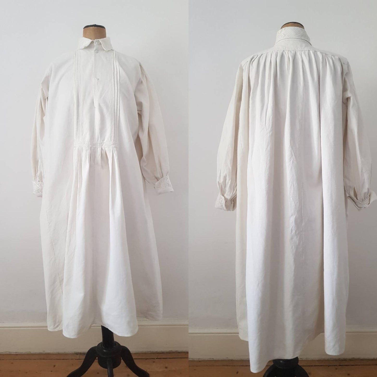 1940s White Linen Transylvanian Folk Smock Shirt Long Eastern European traditional clothing embroidered