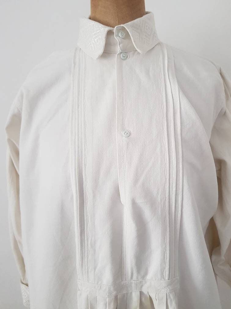 1940s White Linen Transylvanian Folk Smock Shirt Long Eastern European traditional clothing embroidered