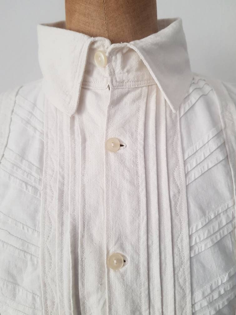 1940s White Linen Folk Smock Shirt Transylvanian Eastern European Traditional Costume Pleated Long