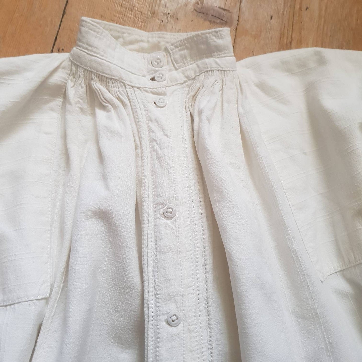 1930s Hungarian White Linen Smock shirt long glass buttons Stripe woven Cotton Eastern European traditional folk clothing