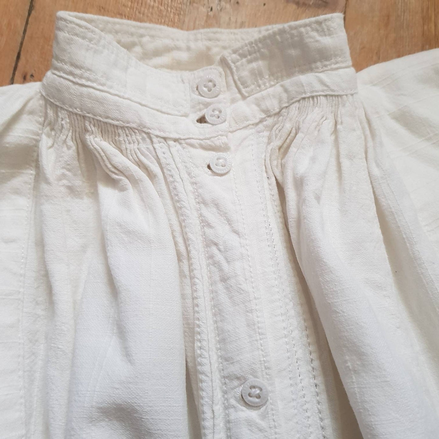 1930s Hungarian White Linen Smock shirt long glass buttons Stripe woven Cotton Eastern European traditional folk clothing