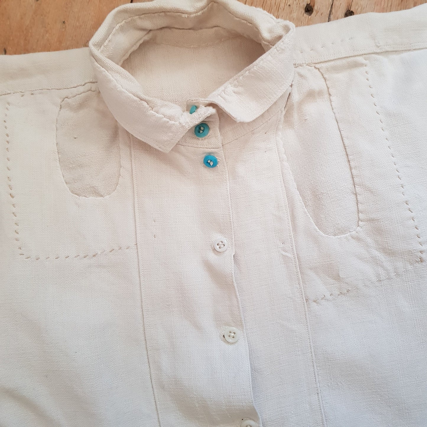 1930s Hungarian Linen Shirt Patched Repaired Folk Eastern European Glass Buttons