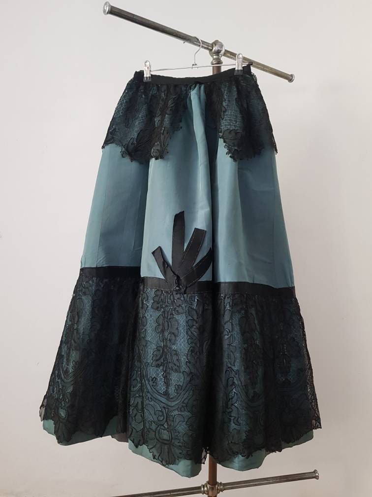 19th century French Teal Silk Skirt Black Lace Bows Antique Long