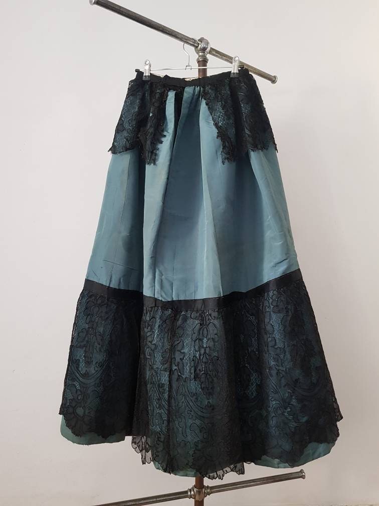 19th century French Teal Silk Skirt Black Lace Bows Antique Long