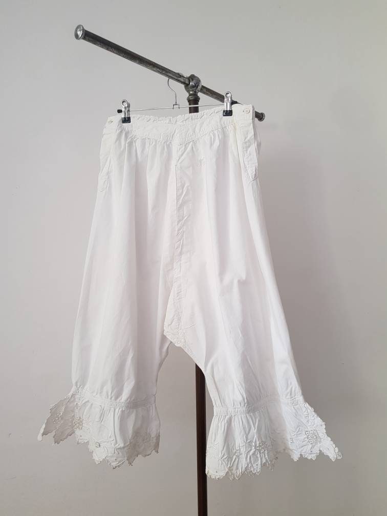 Antique French Bloomers white cotton monogram broderie anglaise trim early 1900s