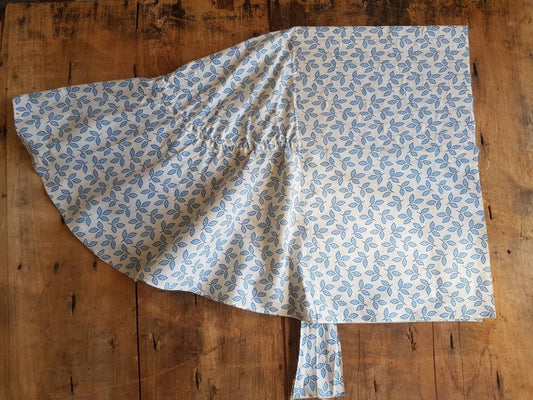 Antique French cotton sun bonnet cream cotton white blue leaf print 19th century hat