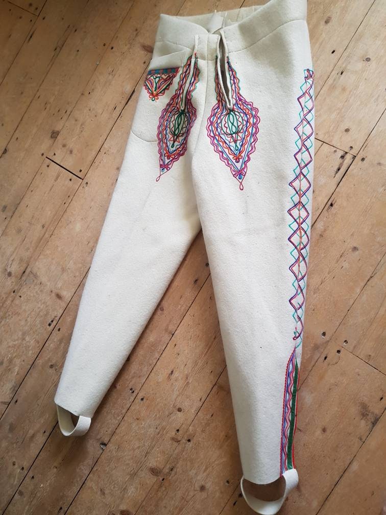 Slovakian wool folk trousers embroidered rainbow colourful Traditional Eastern European