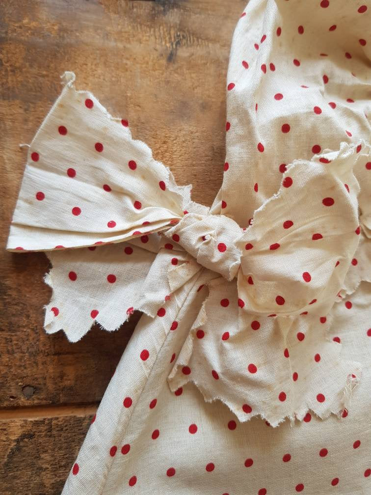 Antique French cotton sun bonnet cream cotton red polka dots 19th century hat