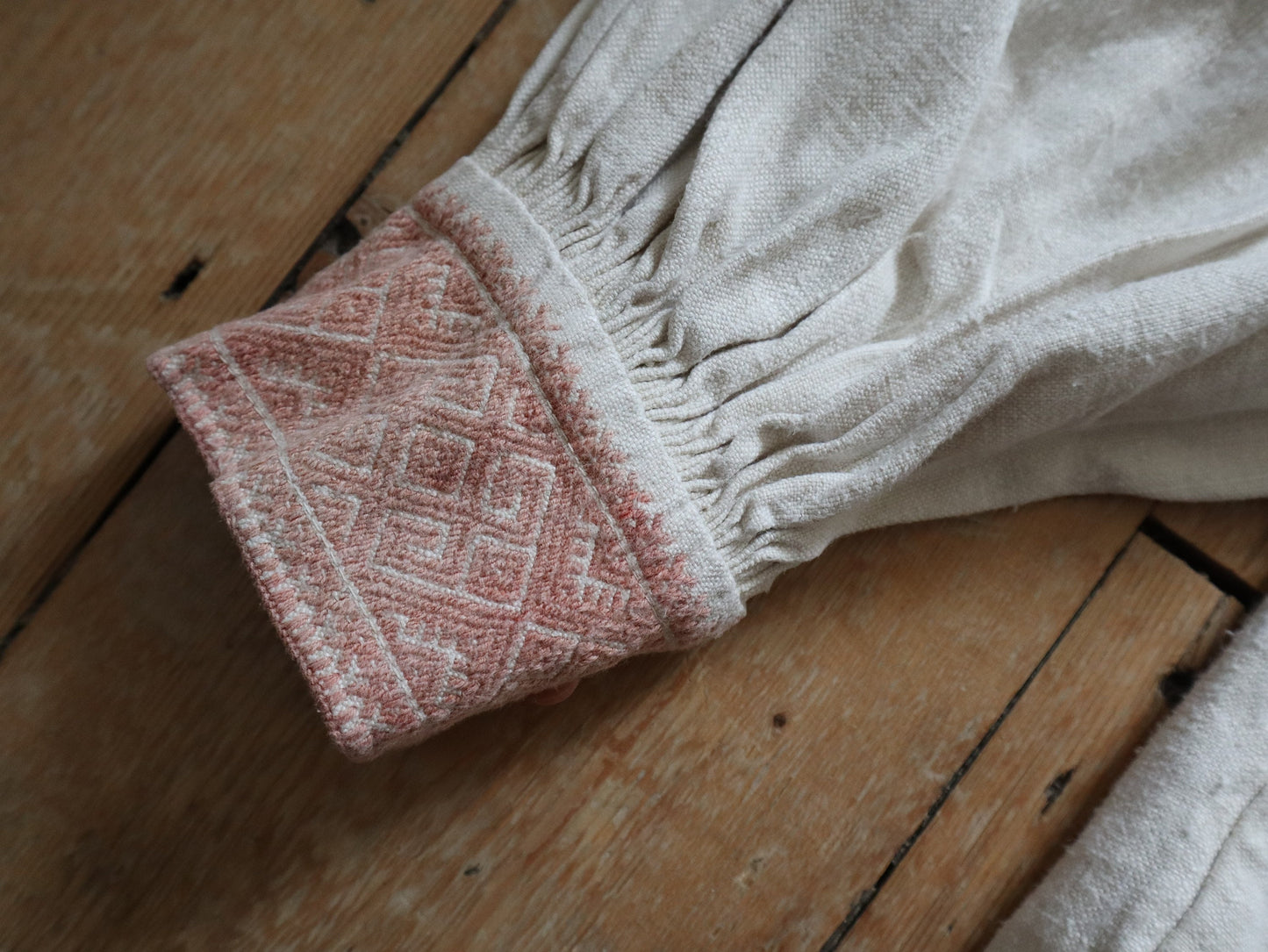 1930s Hungarian Linen Folk Shirt Glass Buttons Pleats Eastern European Cutwork Pleats Pink Embroidery