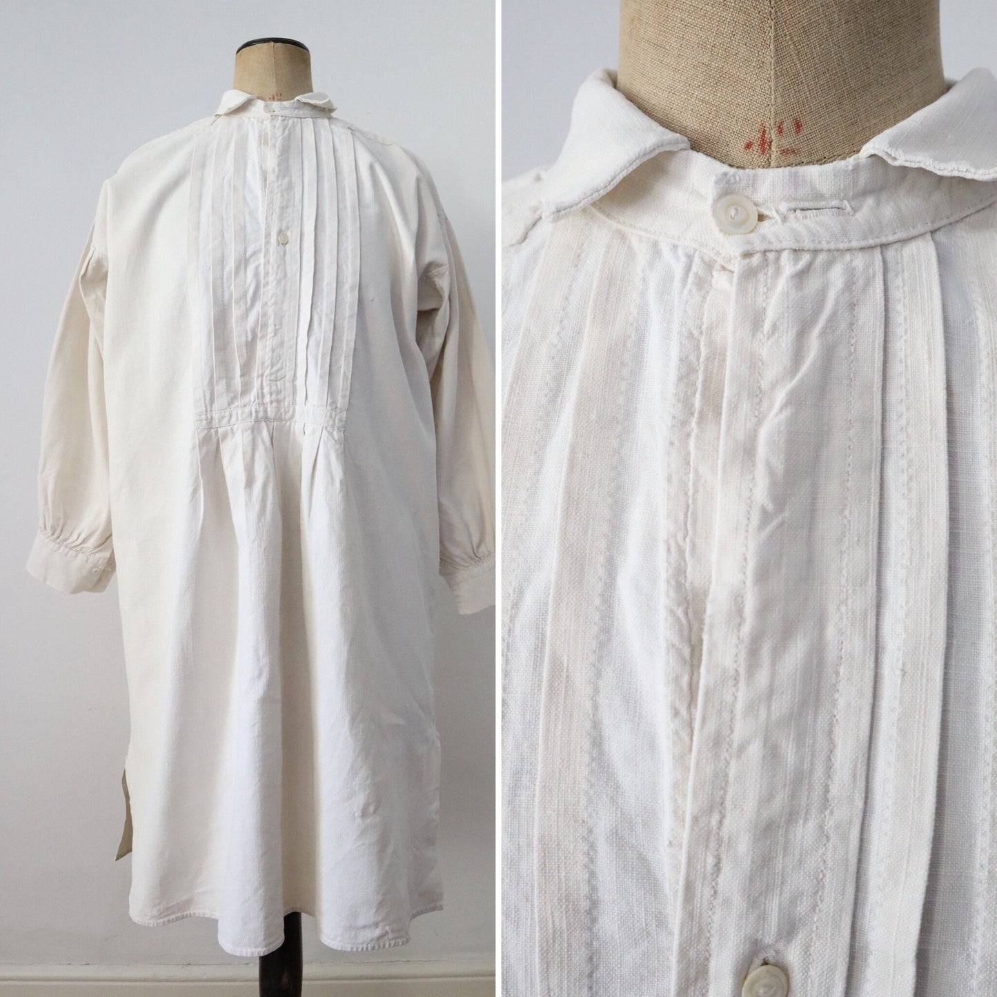 Antique French white linen dress shirt Pleats long button collar early 1900s