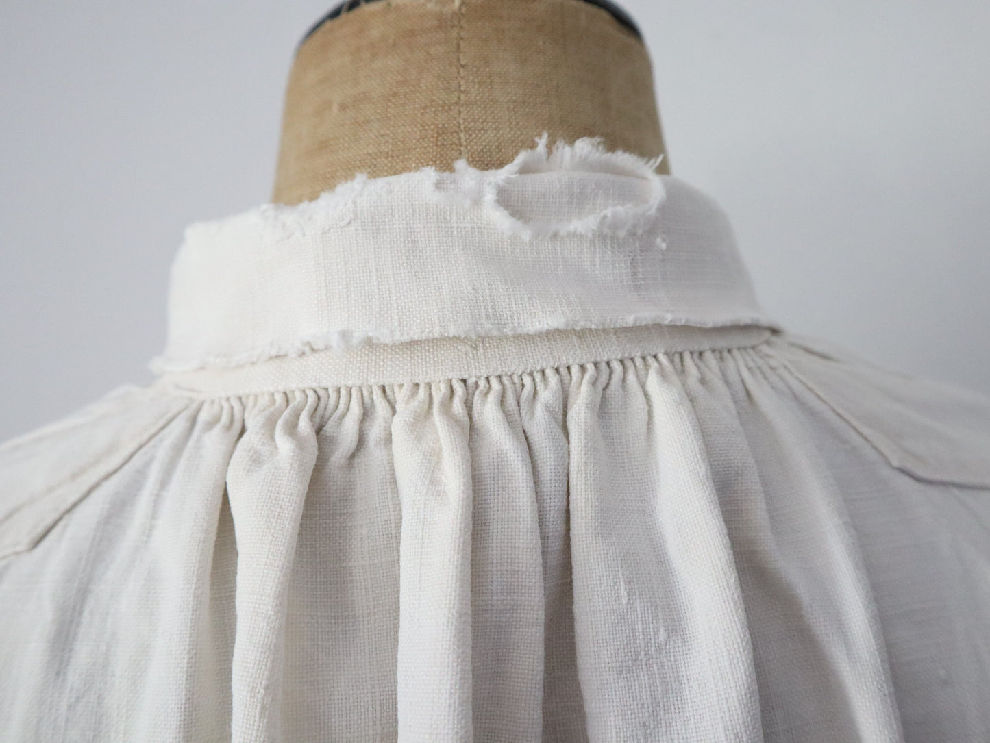 Antique French white linen dress shirt Pleats long button collar early 1900s