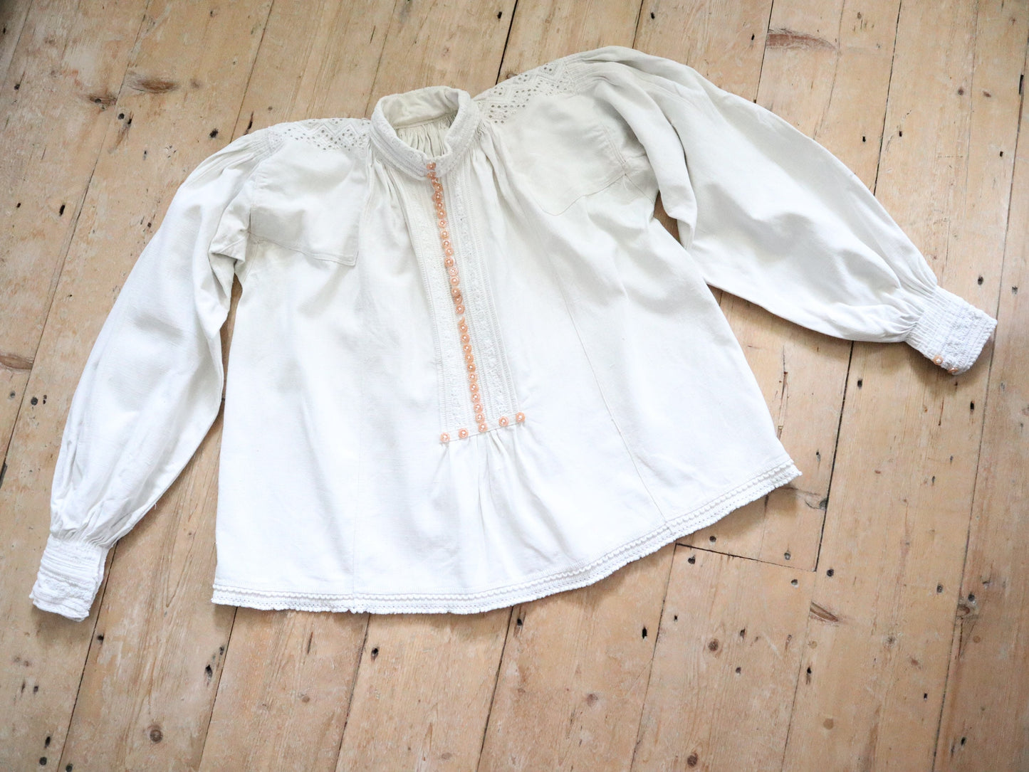 1930s Transylvanian Folk Shirt Woven Linen Eastern European Romanian Hungarian Glass Buttons Cutwork