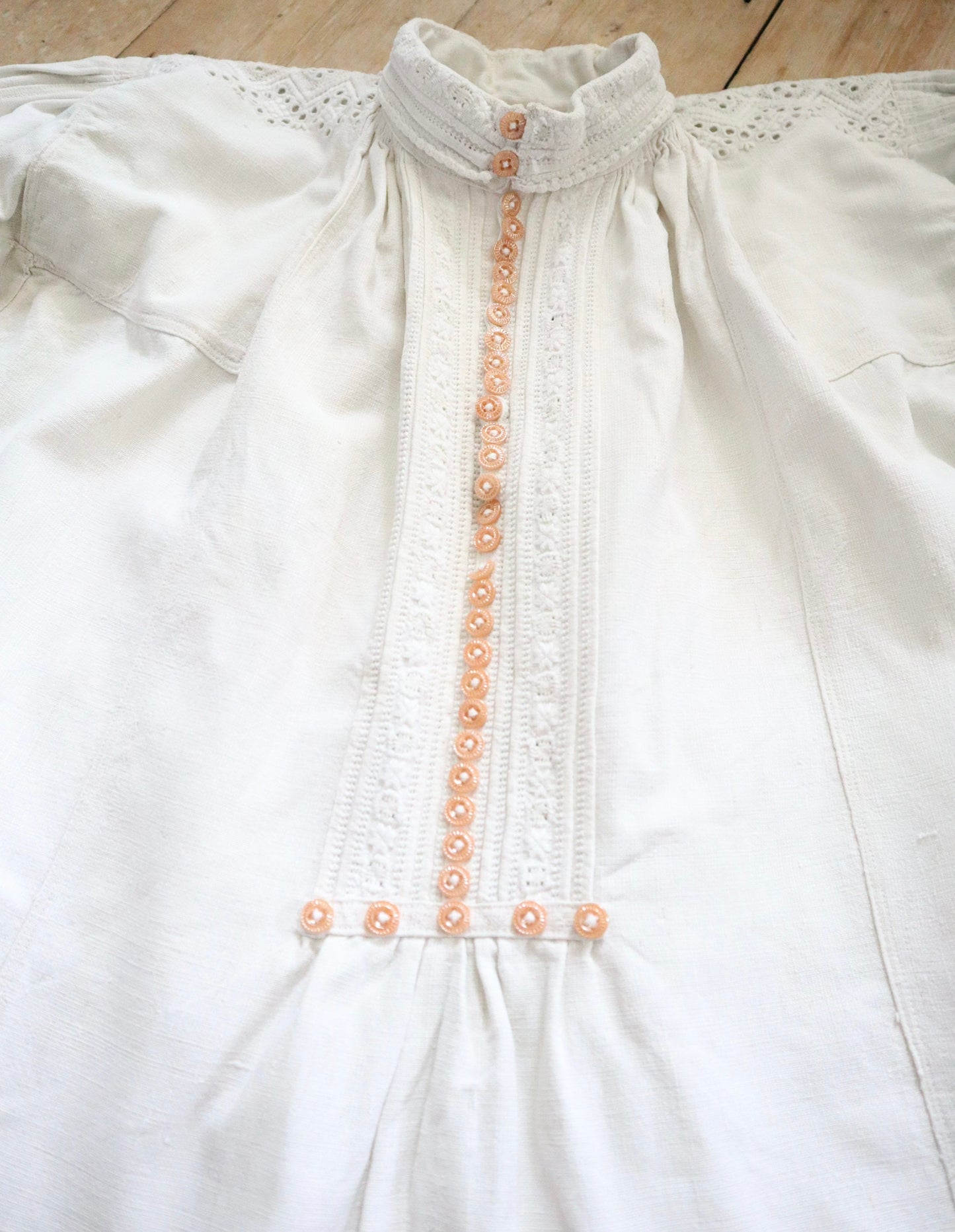 1930s Transylvanian Folk Shirt Woven Linen Eastern European Romanian Hungarian Glass Buttons Cutwork