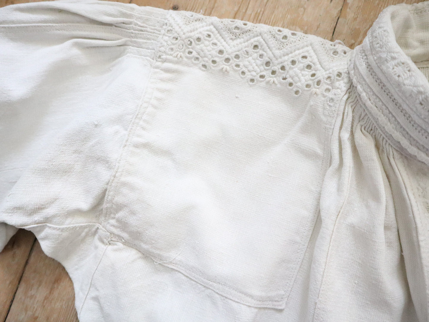 1930s Transylvanian Folk Shirt Woven Linen Eastern European Romanian Hungarian Glass Buttons Cutwork