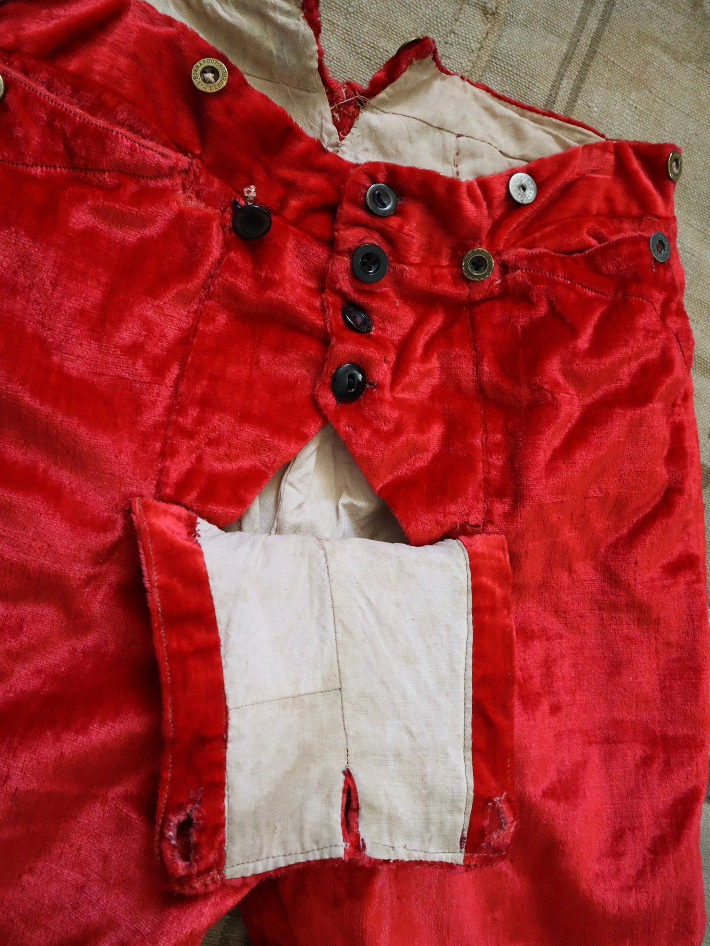 Antique French Opera Costumes Breeches Trousers Pants Red Velvet Metal Buttons Gold Metal ribbon trim Early 1900s Theatre