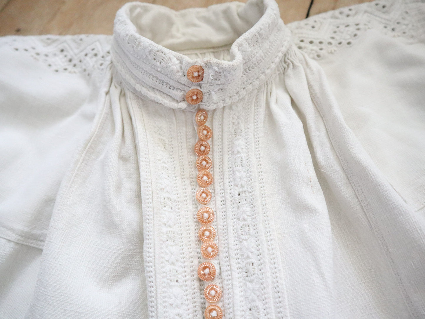 1930s Transylvanian Folk Shirt Woven Linen Eastern European Romanian Hungarian Glass Buttons Cutwork