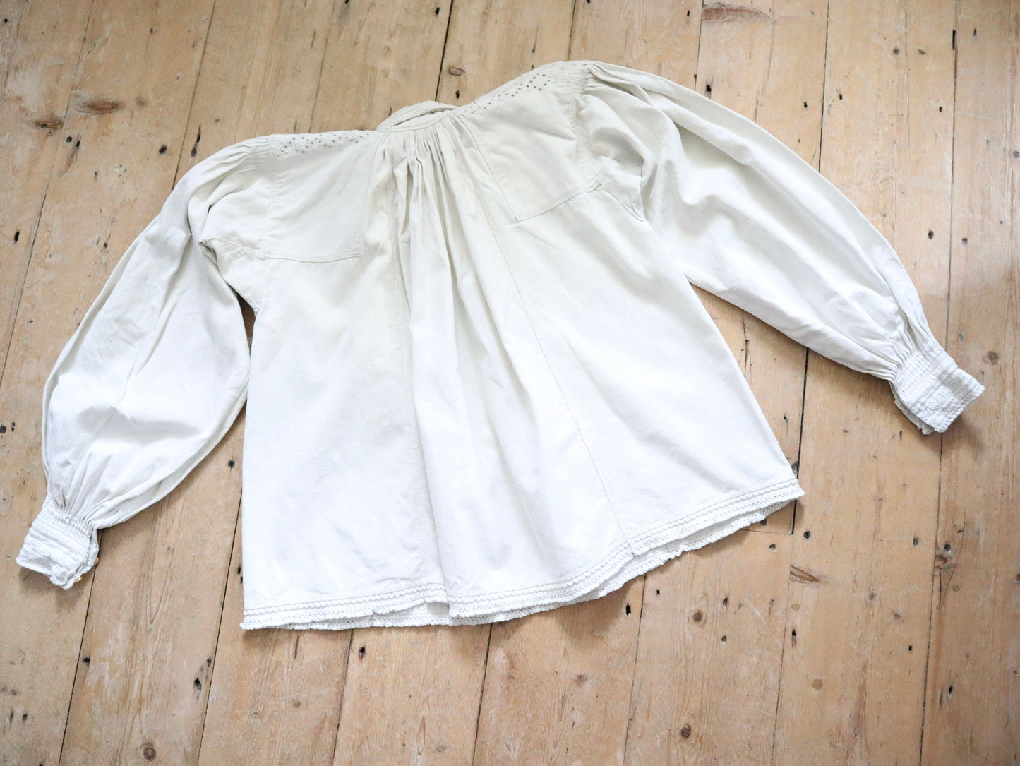 1930s Transylvanian Folk Shirt Woven Linen Eastern European Romanian Hungarian Glass Buttons Cutwork