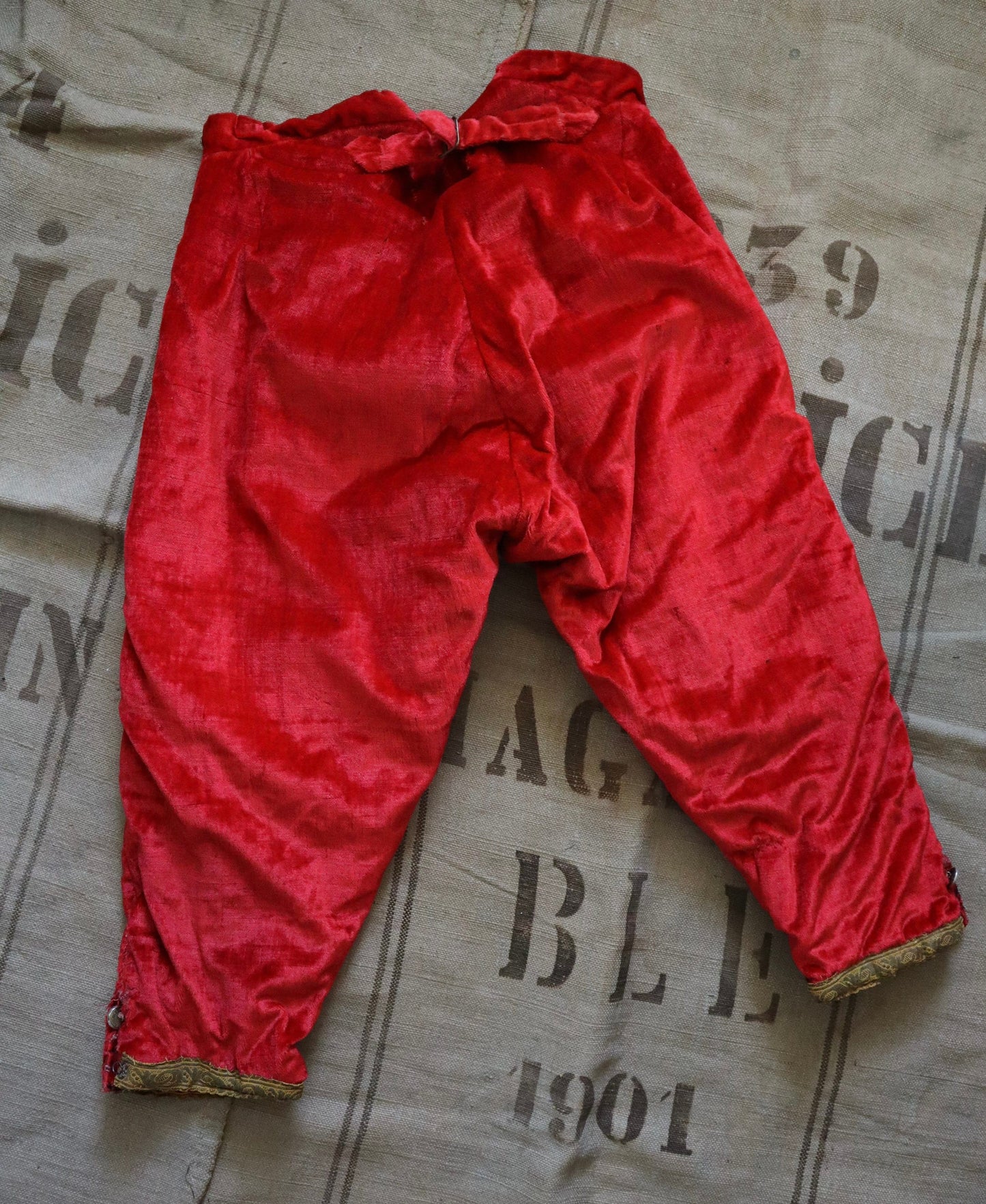 Antique French Opera Costumes Breeches Trousers Pants Red Velvet Metal Buttons Gold Metal ribbon trim Early 1900s Theatre