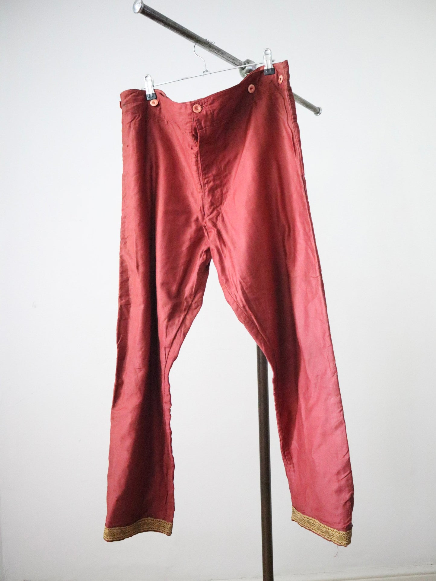 Antique French Red Cotton Sateen Trousers Gold metal ribbon Trim Button Fly Theatre Costume