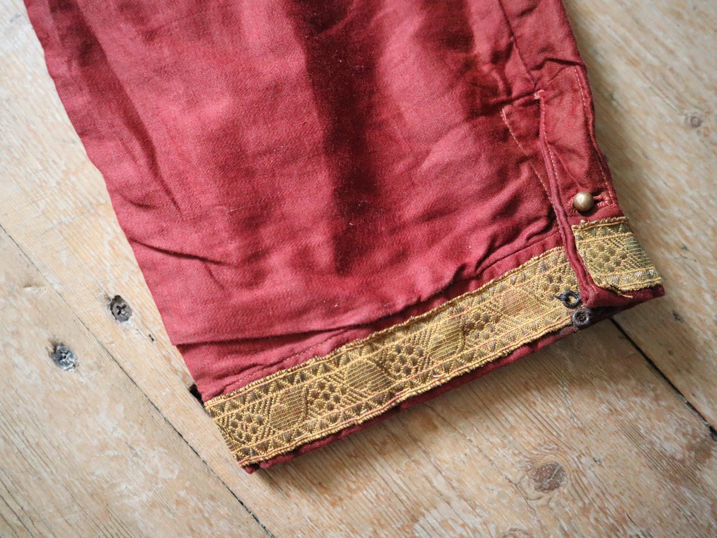 Antique French Red Cotton Sateen Trousers Gold metal ribbon Trim Button Fly Theatre Costume