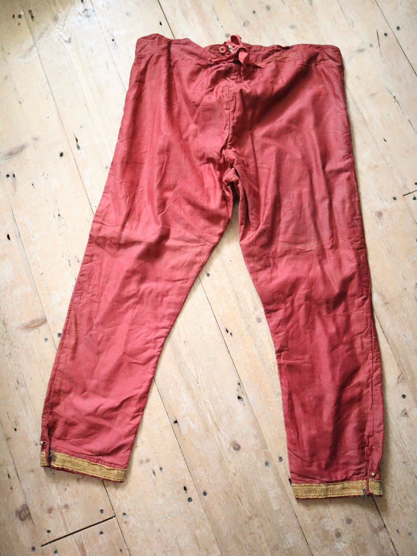 Antique French Red Cotton Sateen Trousers Gold metal ribbon Trim Button Fly Theatre Costume