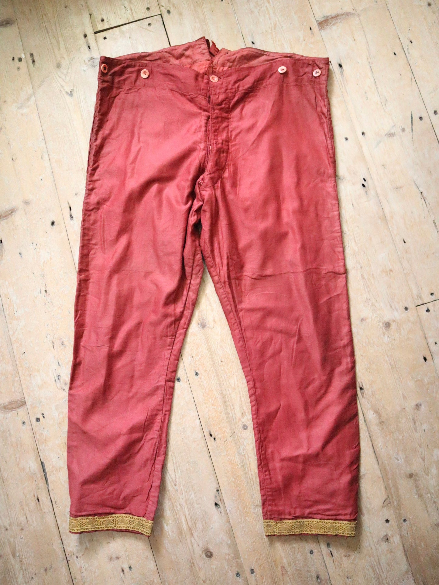 Antique French Red Cotton Sateen Trousers Gold metal ribbon Trim Button Fly Theatre Costume