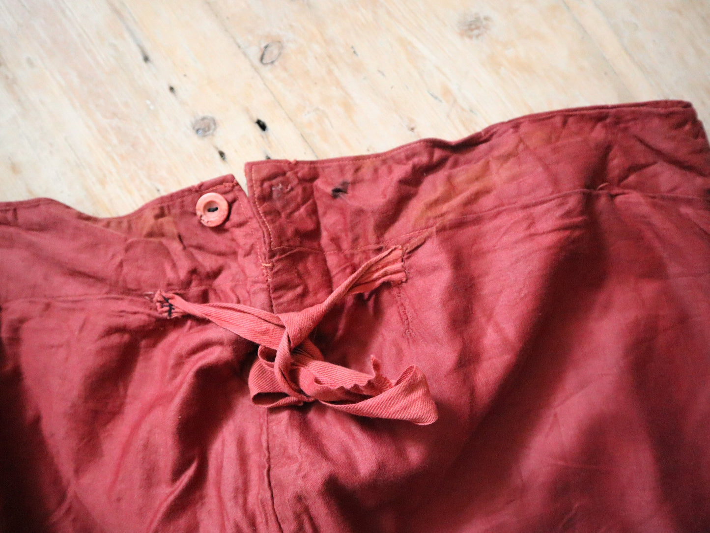 Antique French Red Cotton Sateen Trousers Gold metal ribbon Trim Button Fly Theatre Costume