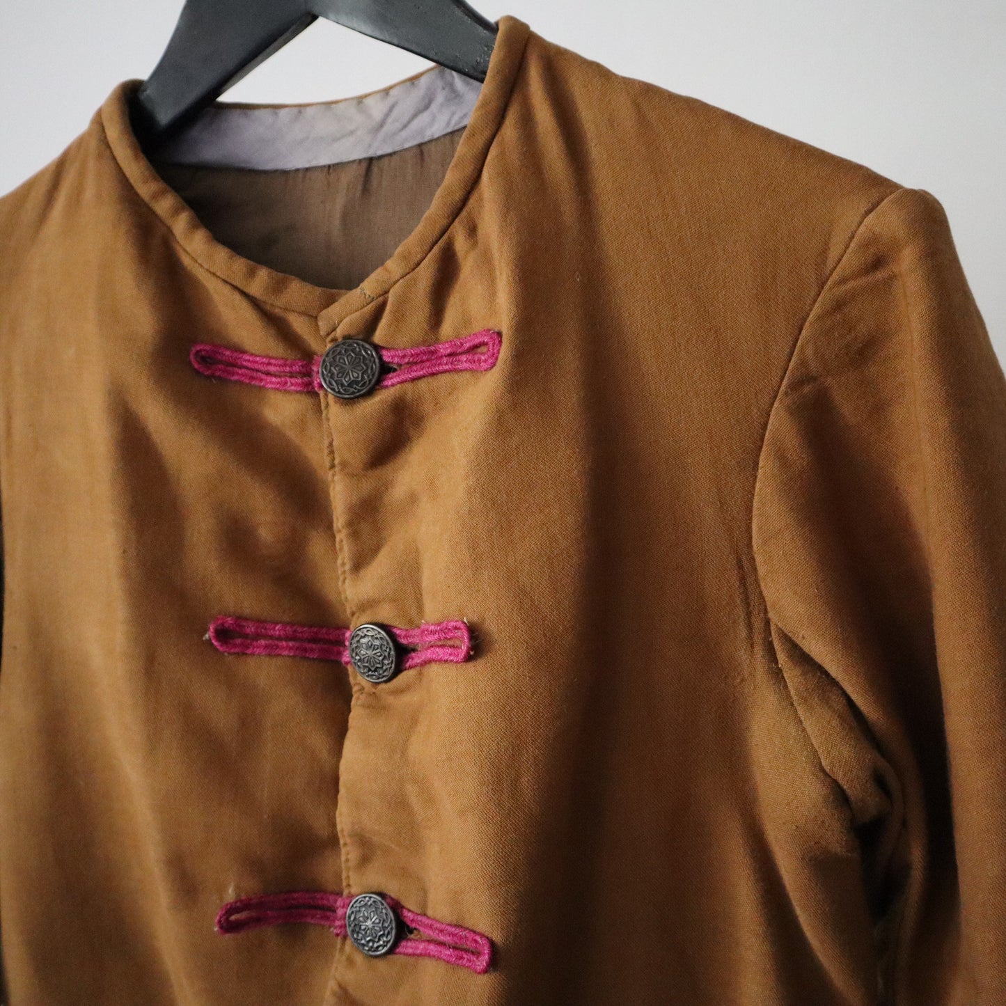 Antique French Theatre Costume Jacket Cotton Wool Magenta Trim Embossed Metal Buttons 18th Century Style Frock Coat
