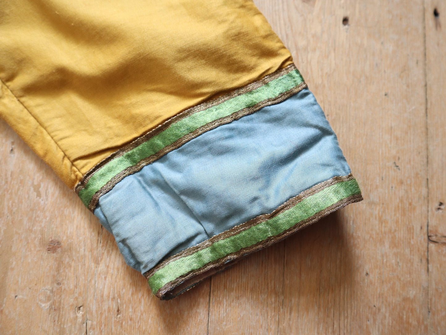 Antique French Theatre Costume Yellow Trousers Pants Blue Green Trim Silk Silver Métal Thread Bone Buttons