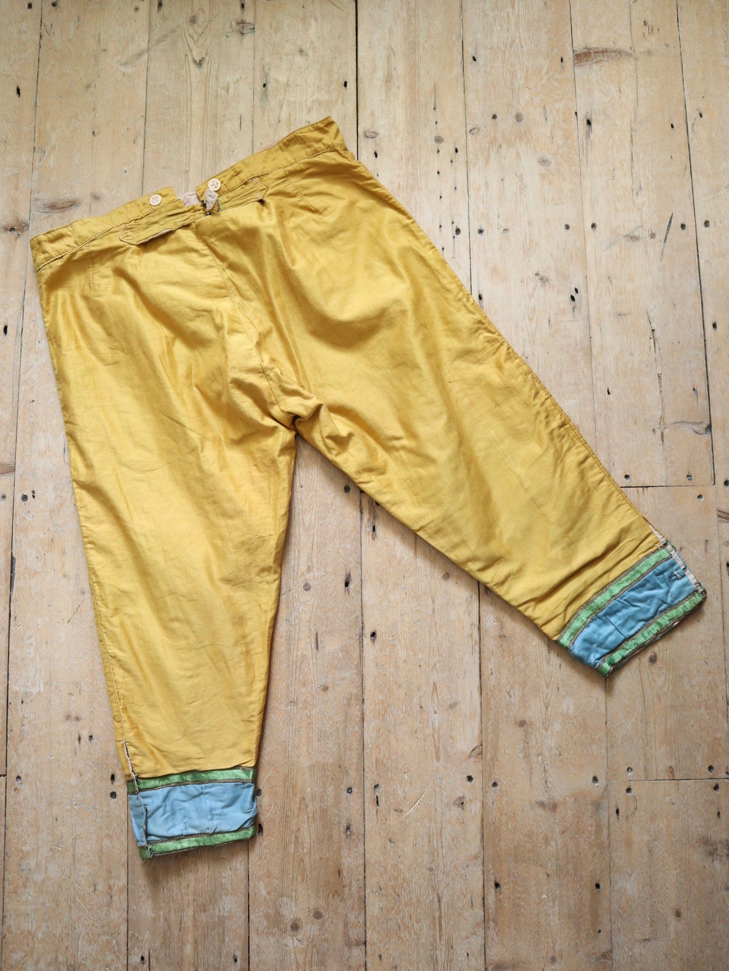 Antique French Theatre Costume Yellow Trousers Pants Blue Green Trim Silk Silver Métal Thread Bone Buttons