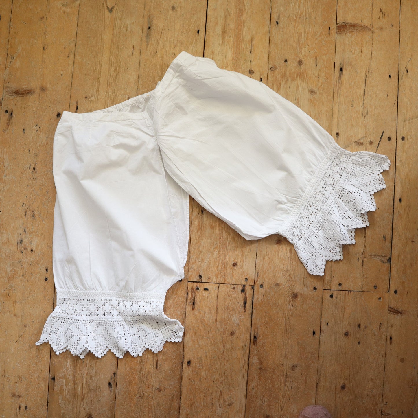 Antique French Bloomers White Cotton Edwardian Crochet Lace Trim Long early 1900s