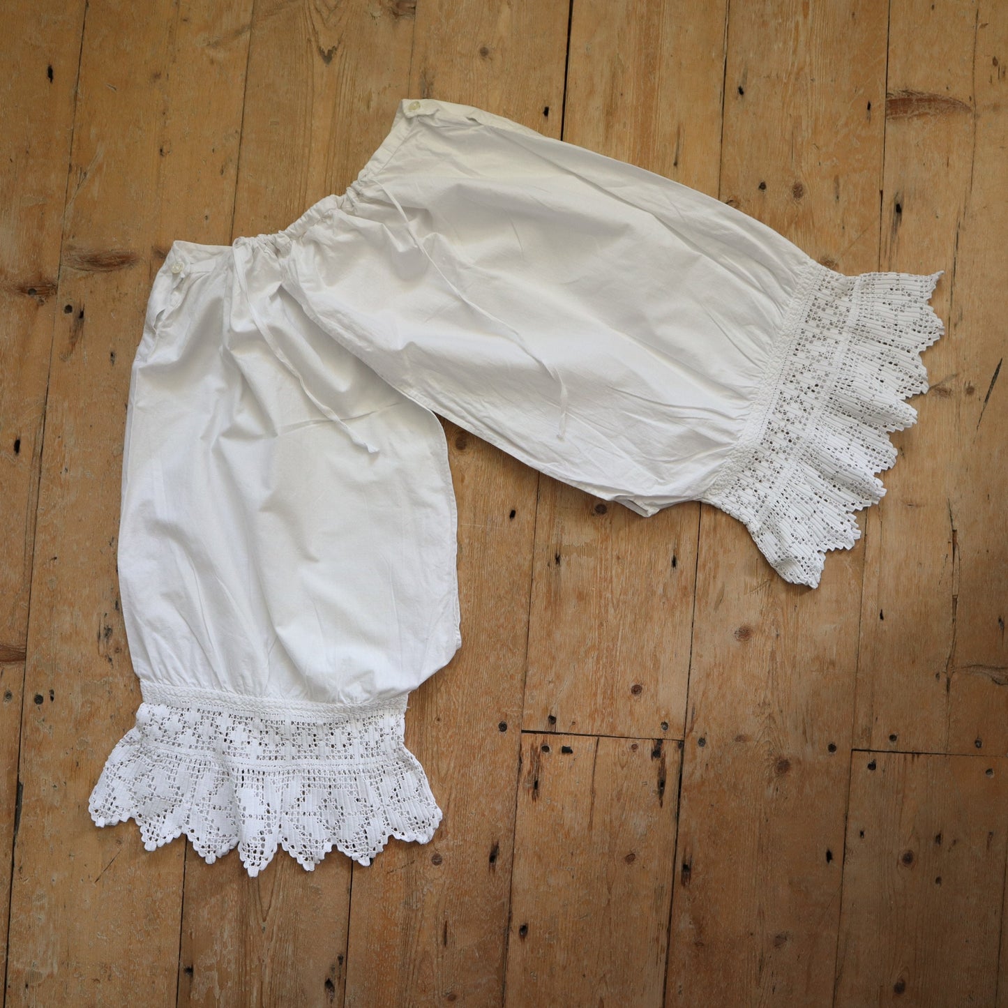 Antique French Bloomers White Cotton Edwardian Crochet Lace Trim Long early 1900s