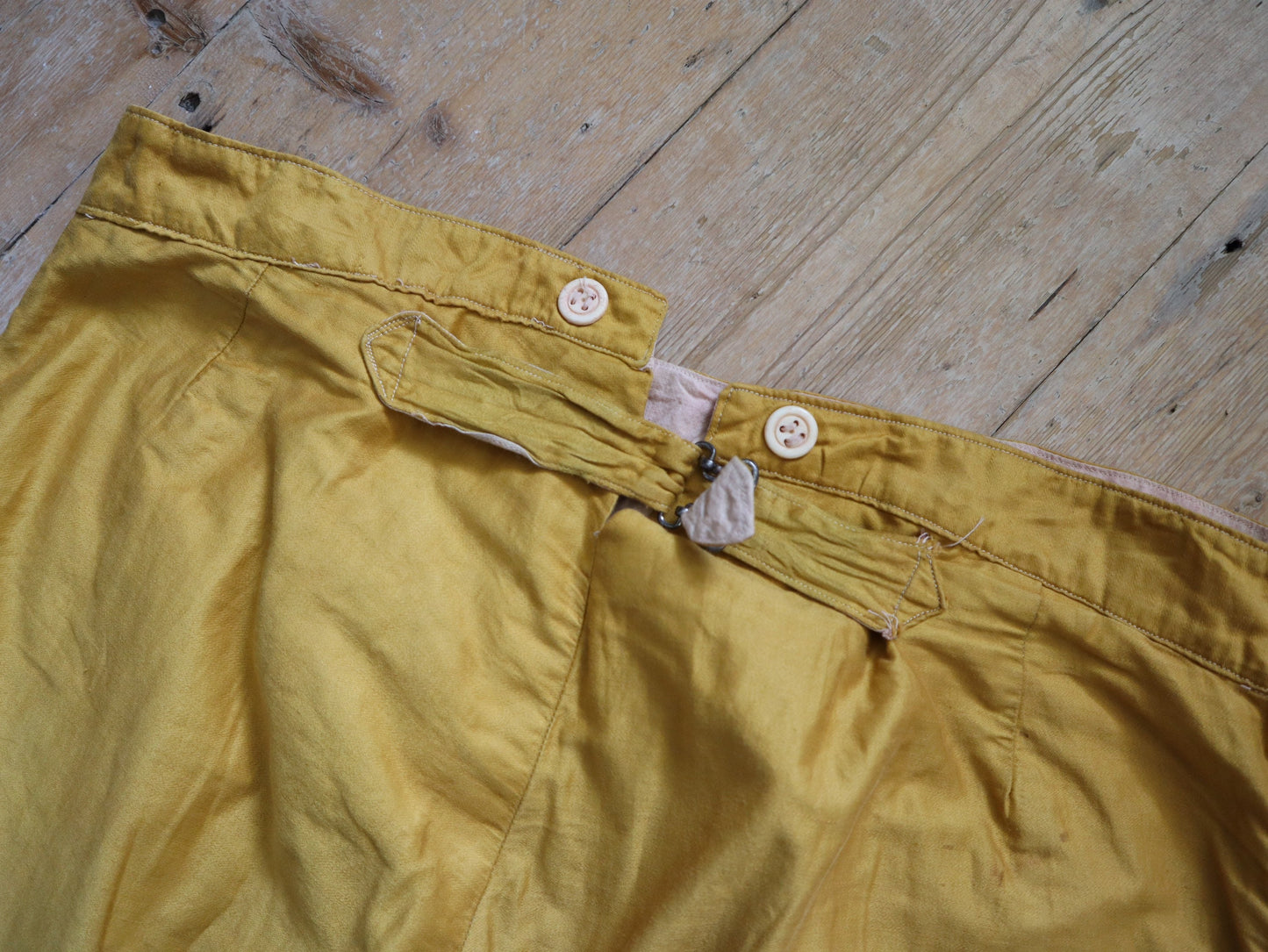 Antique French Theatre Costume Yellow Trousers Pants Blue Green Trim Silk Silver Métal Thread Bone Buttons