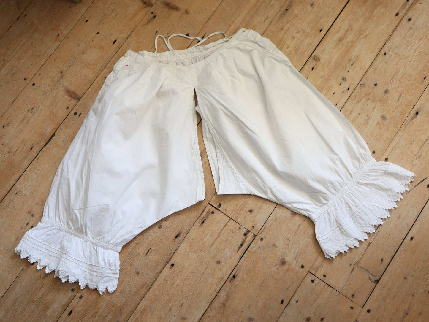 Antique French Bloomers white cotton embroidery pleats early 1900s