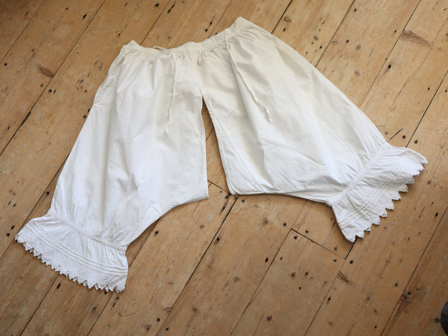 Antique French Bloomers white cotton embroidery pleats early 1900s