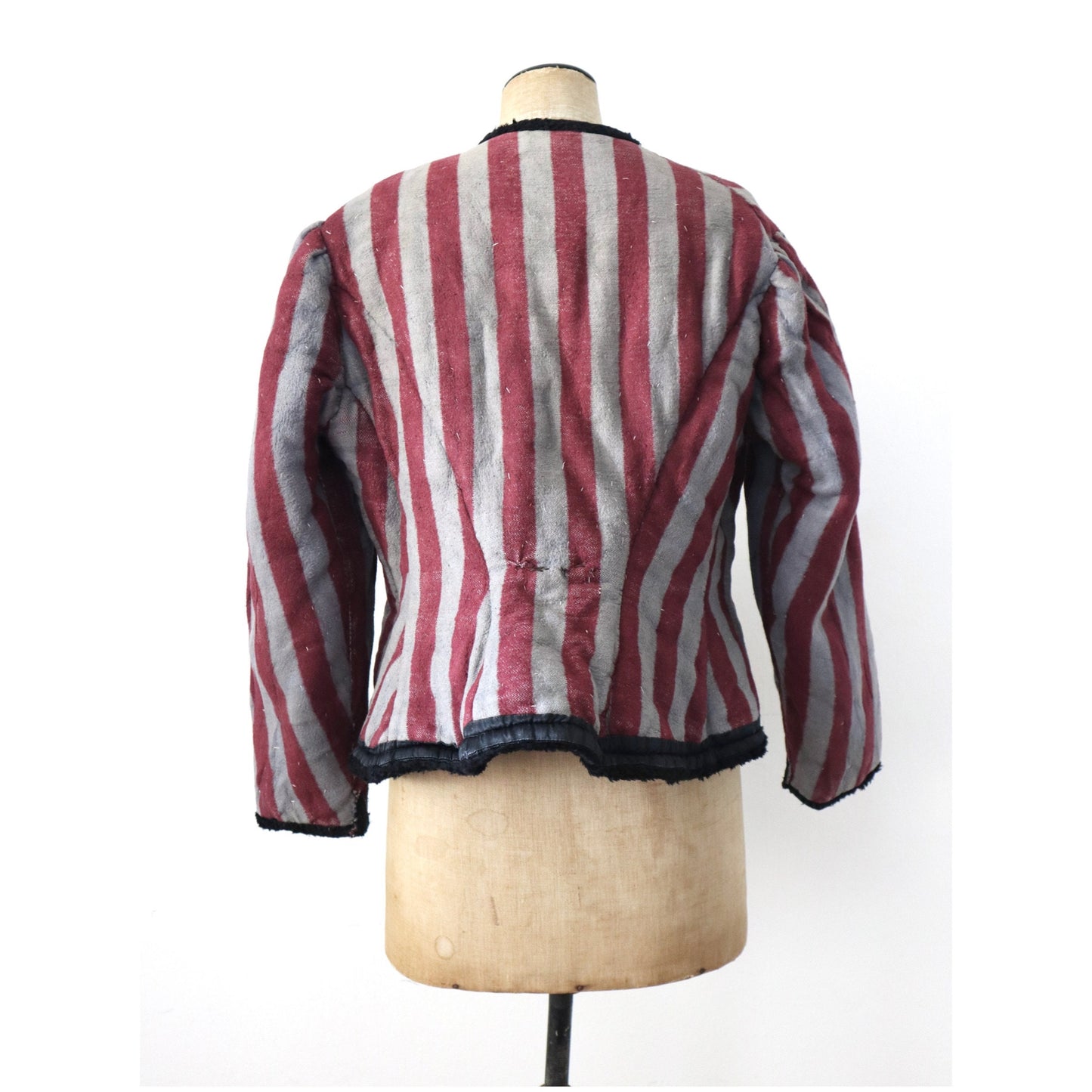 1930s Hungarian Folk Jacket black Velvet Burgundy Grey Stripe Cotton Lining