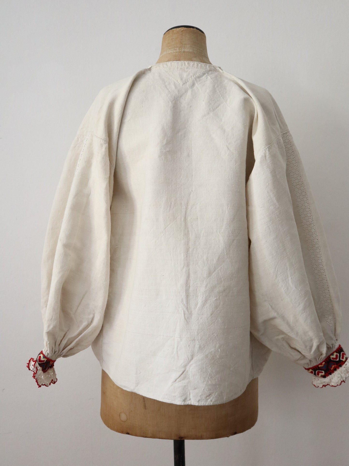 1930s Hungarian Linen Folk Blouse Homespun Heart Embroidered Cuffs Eastern European Traditional Costume