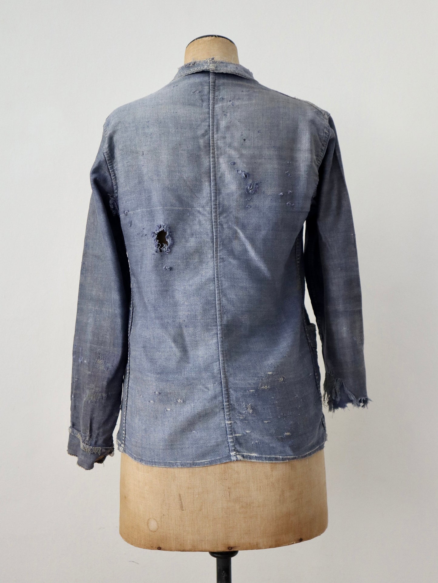 1920s - 30s French Blue Moleskin Jacket Relic Repairs Damage Chore Workwear