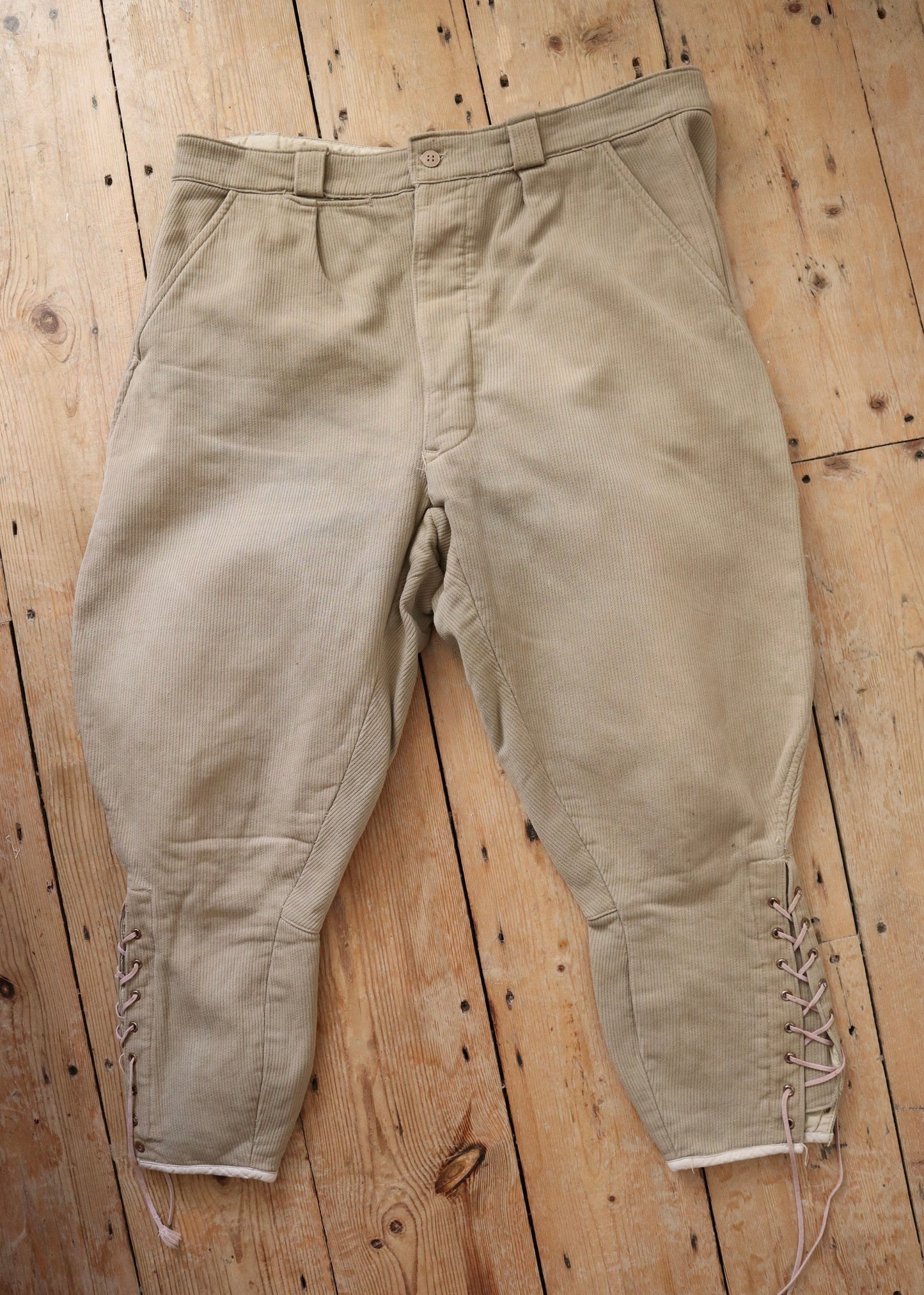 1940s French Workwear Breeches Stone Lace Up Pants Trousers