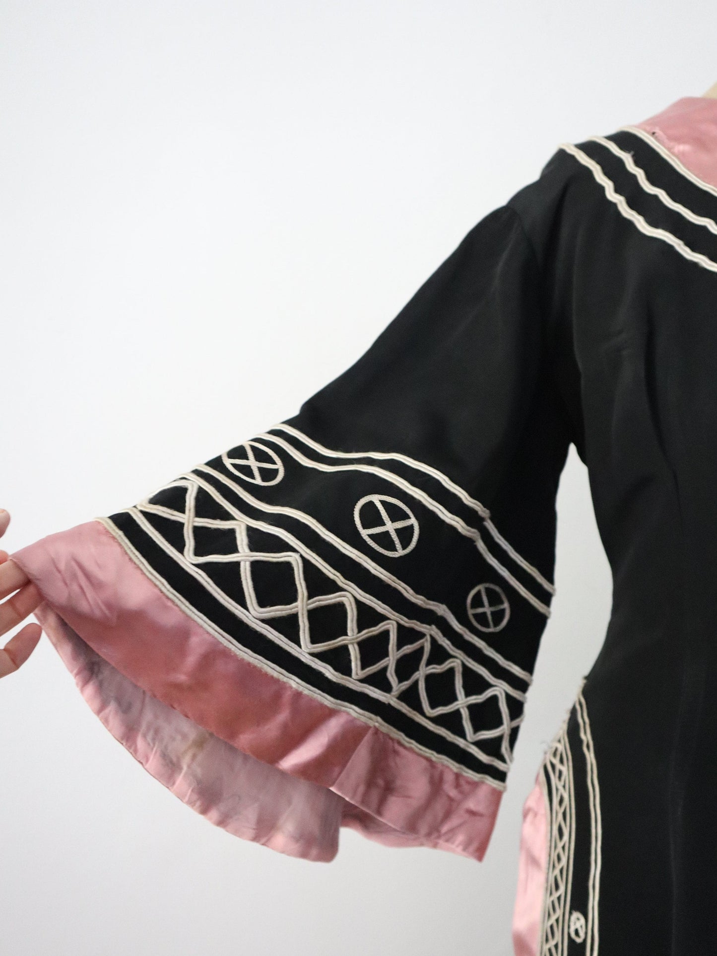 1930s French Opera Costume Dress Pink Silk Black Grosgrain Henri Lebrun Chinese Style Théâtre