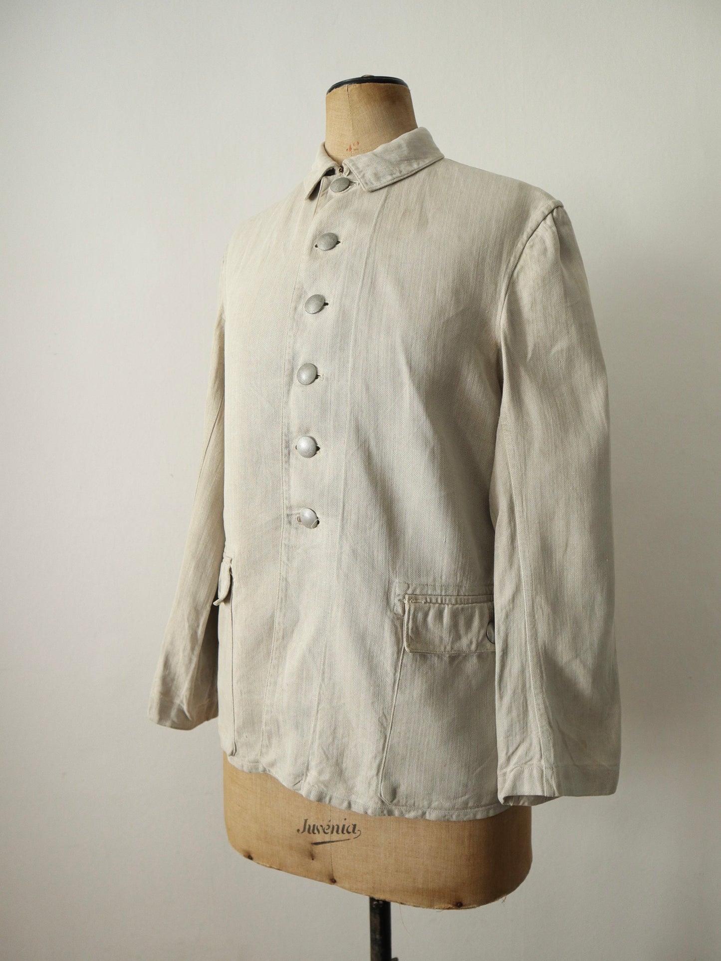 1930s Herringbone Linen German Drill Jacket Military Rare Putty Stone Light