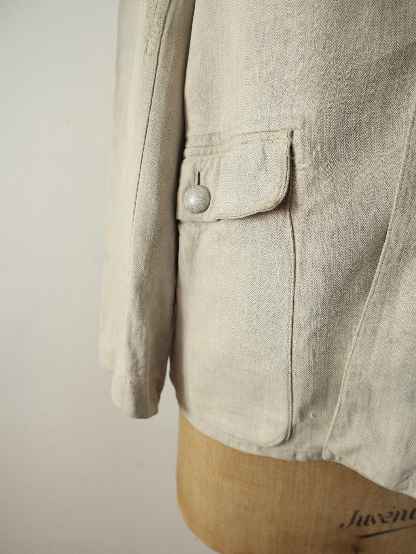 1930s Herringbone Linen German Drill Jacket Military Rare Putty Stone Light