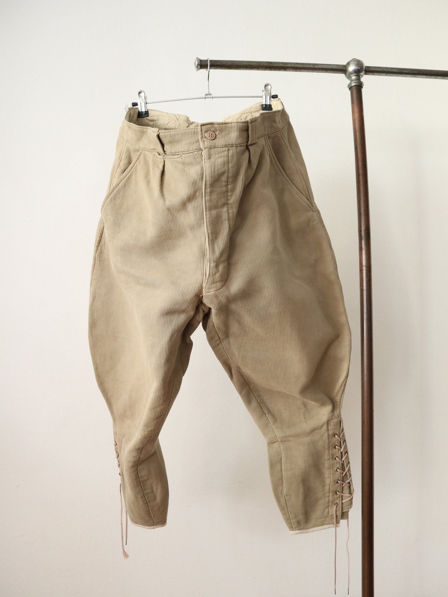 1940s French Workwear Breeches Stone Lace Up Pants Trousers