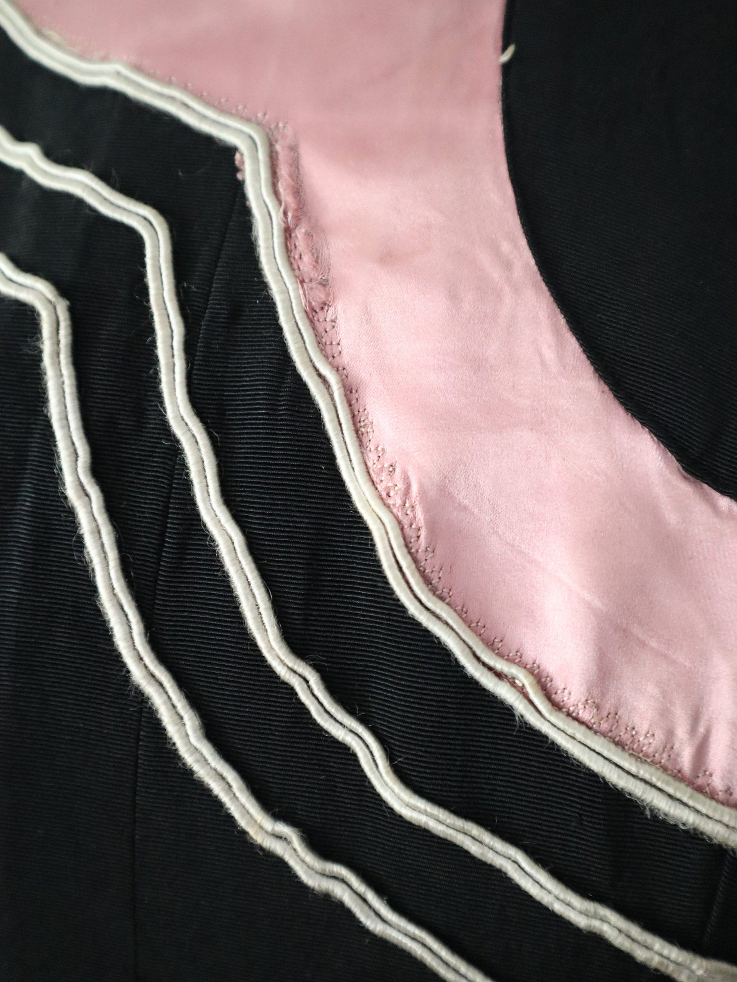 1930s French Opera Costume Dress Pink Silk Black Grosgrain Henri Lebrun Chinese Style Théâtre