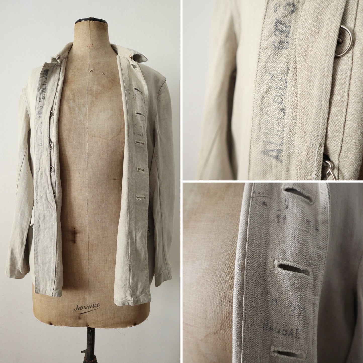 1930s Herringbone Linen German Drill Jacket Military Rare Putty Stone Light