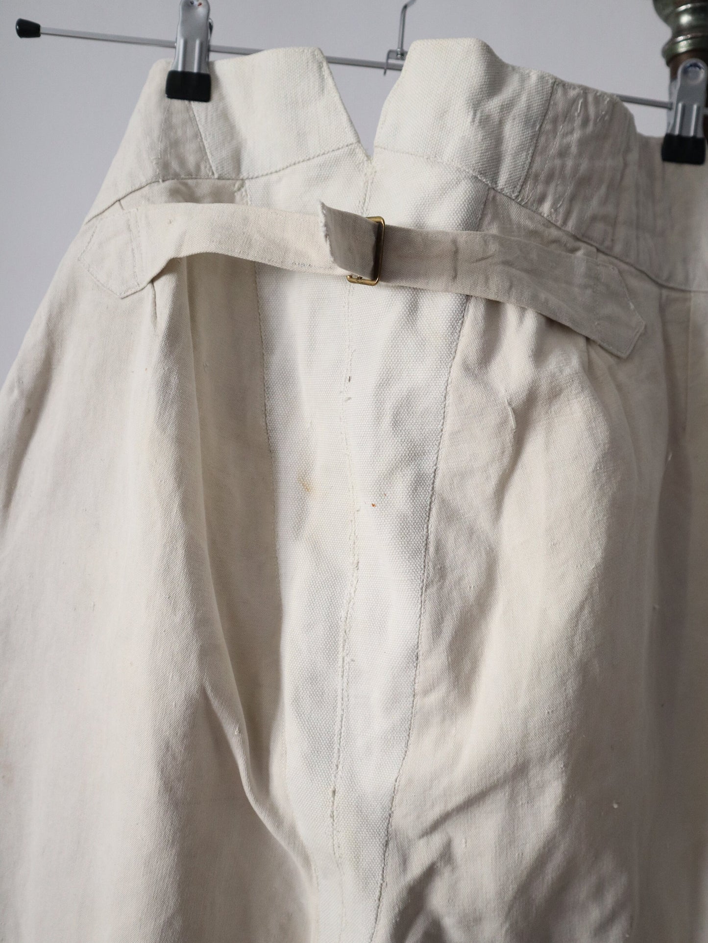 1910s French White Cotton Cavas Fencing Trousers High Waist Cinch Back